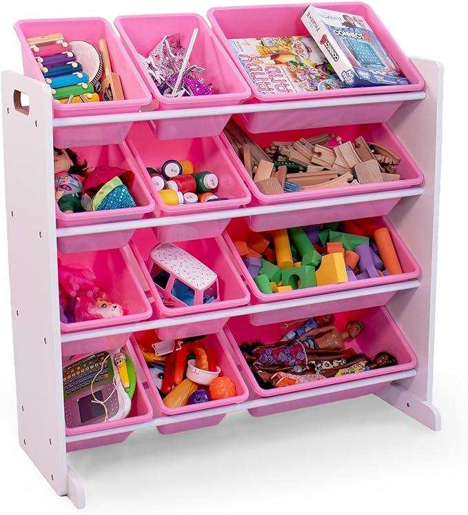 Humble Crew Kids Toy Storage Organizer with 12 Plastic Bins, White/Pink – Removable Bins for Playroom, Bedroom, Toddler Furniture for Boys and Girls Ages