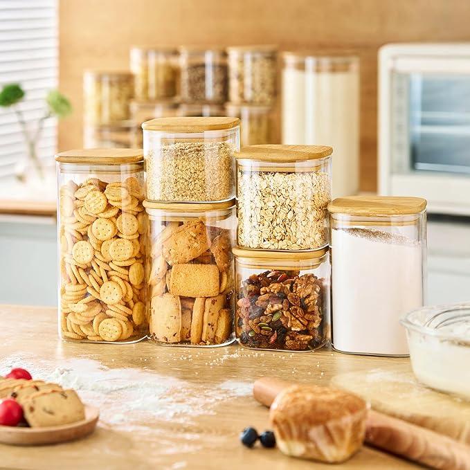 42oz & 27oz - 4 Pack Square Glass Jars with Bamboo Lids, Glass Food Storage Containers with Airtight Lids for Kitchen, Air Tight Pantry Storage Containers for Cereal, Pasta, Rice, Sugar, Coffee, Spice