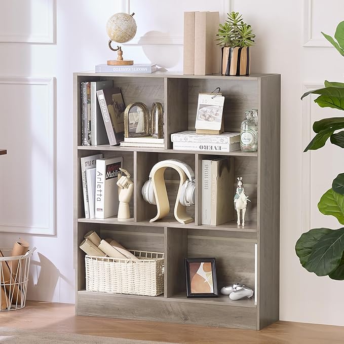 LEYAOYAO 7 Cube Bookshelf with Base,3 Tier Mid-Century Modern Grey Bookcase,Standing Wide Bookshelves Storage Organizer Shelf,Rustic Wood Display Cabinet Book Shelves for Bedroom,Living Room,Office