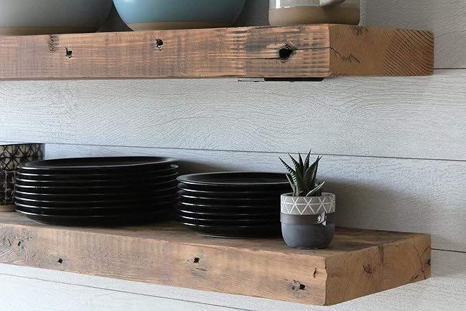 Urban Legacy Reclaimed Barn Joist Deep Floating Shelves | Deep Shelves with Low Profile Shelf Bracket with High Weight Capacity, Set of 2 (48