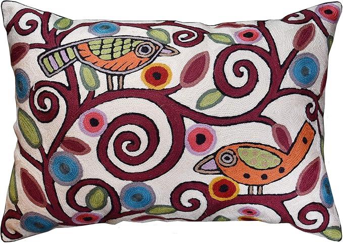 Lumbar Klimt Modern Pillow Cover | Cream, Multicolor Tree of Life, Birds, Floral Suzani Floral Pattern | 14