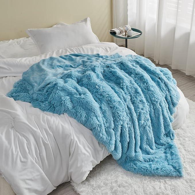 GONAAP Fuzzy Faux Fur Throw Blanket Queen Size Sky Blue Super Soft Cozy Plush Fuzzy Shaggy Blanket for Couch Sofa Bed (Sky Blue, Queen(90