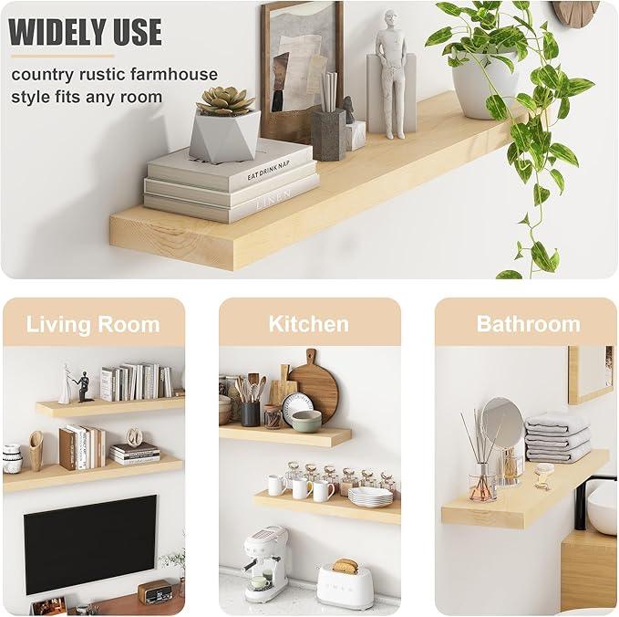 Floating Shelves for Wall, USA-Sourced Maple Wood 36 Inch Long Wall Shelves Set of 2, Natural Wooden Mounted Picture Ledge Shelf, Nursery Book Storage Shelf Kids Bookshelf, Display Shelf
