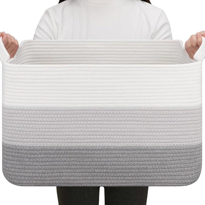 OIAHOMY Rectangle Woven Storage Basket - Nursery Cotton Rope Baskets for Storage, Toy Basket Organizing for Living Room, 17.7