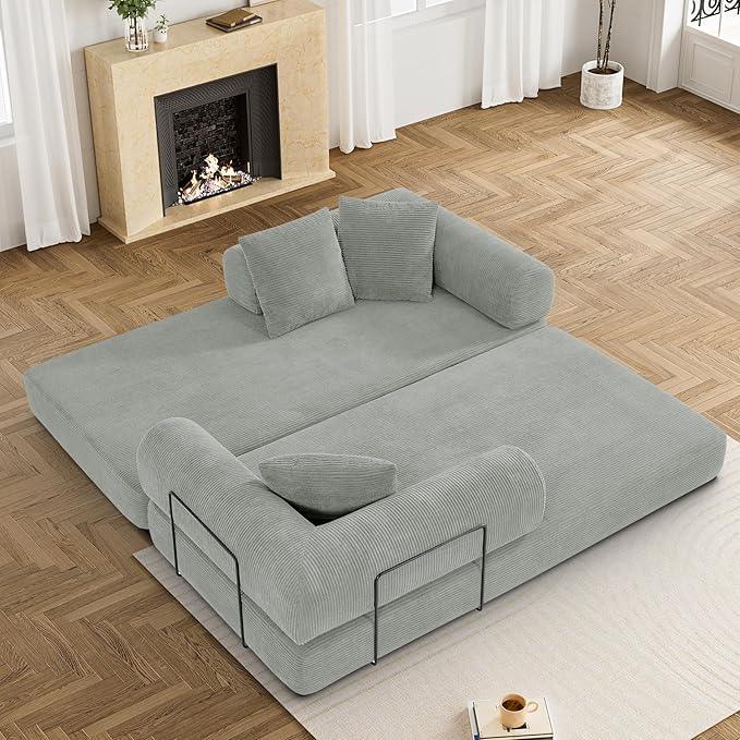 Convertible Sleeper Sofa Bed with Pillow, 4-in-1 Corduroy Folding Mattress Couch with Fixed-Shape Frame, Futon Fold Out Floor Sofa Cama Lounge Couch for Living Room Bedroom, Light Grey