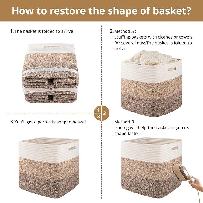 OIAHOMY 13 Kallax Inch Cube Storage Bins, 3-Pack Cotton Rope Woven Baskets for Organizing, Kallax Insert Storage Baskets for Shelves, Baby Nursery, Closet Organizer, 13*13*12.6IN, Gradient Brown