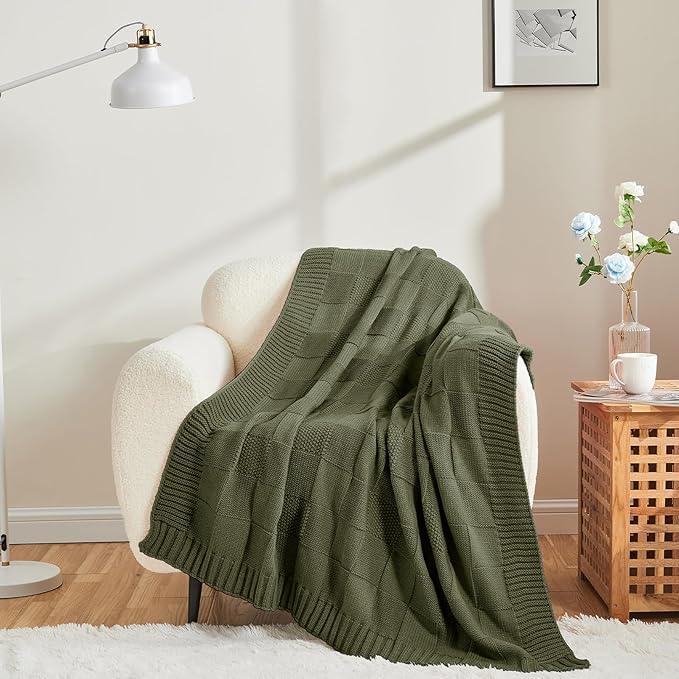 CozeCube Check Knit Throw Blanket, Olive Green Checkered Throw for Couch, Decorative Christmas Soft Cozy Warm Knitted Blanket for Bed Sofa Living Room, 50