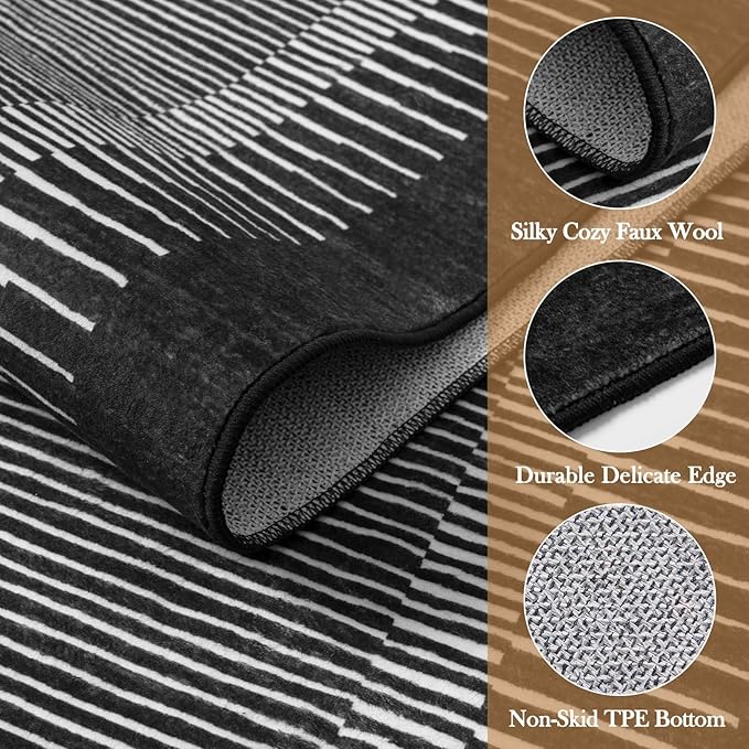 Wonnitar Washable Striped 5x7 Washable Area Rug, Non-Slip Black Berber Stripe Rugs for Living Room, Low Pile Minimalist Floor Carpet Rugs for Bedroom Dining Room Home Office (Black,5' x 7')