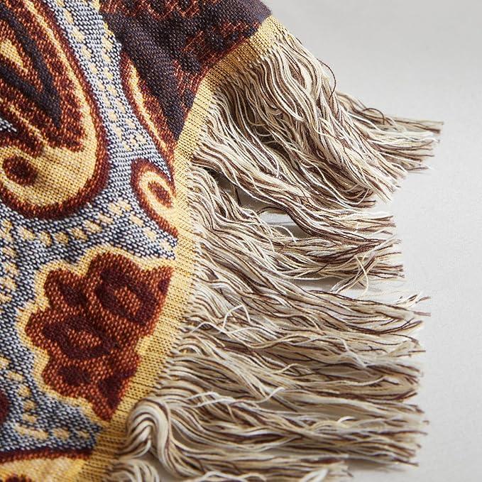 Boho Throw Blanket for Couch Sofa Bed, 100% Cotton Woven Quilt with Tassel 80”x90”, Super Soft Muslin Blanket with Patchwork Printed, Decorative Reversible Bed Blanket/Cover for All Seasons