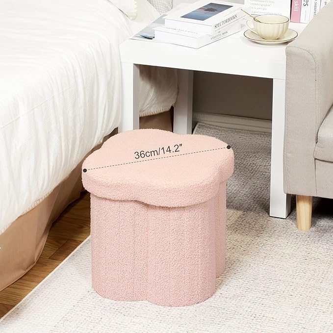 B FSOBEIIALEO Storage Ottoman Cube, Flowers Shaped Ottomans with Storage Foot Stool Footrest for Lving Room, Boucle Ottoman Seat for Dorm Room,Faux Teddy Fur, Pink 12.6