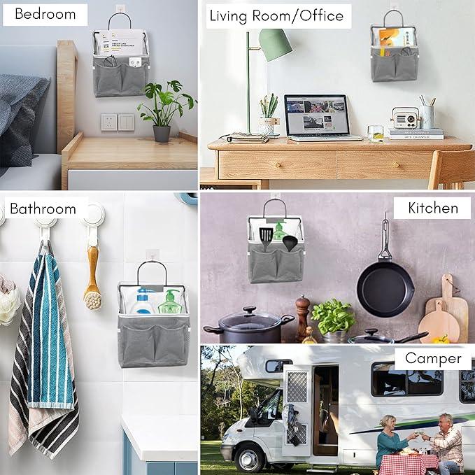 3pcs Small Wall Hanging Organizer Bag, Linen Fabric Door Hanging Storage Basket with Pockets, Waterproof Bin for Kitchen, Bedroom, Office, RV Camper (Gray)