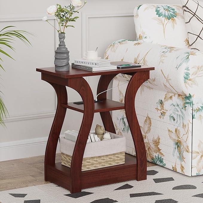End Tables Living Room, Cherry End Table with Charging Station, Nightstand for Bedroom, 3 Tier End Table with Storage Shelf for Living Room(Cherry)