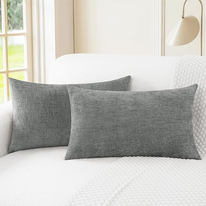 CaliTime Throw Pillow Covers Decorative 12 X 20 Inches Pack of 2 Cozy Chenille Cushion Cases for Couch Sofa Bed Living Room Home Medium Grey