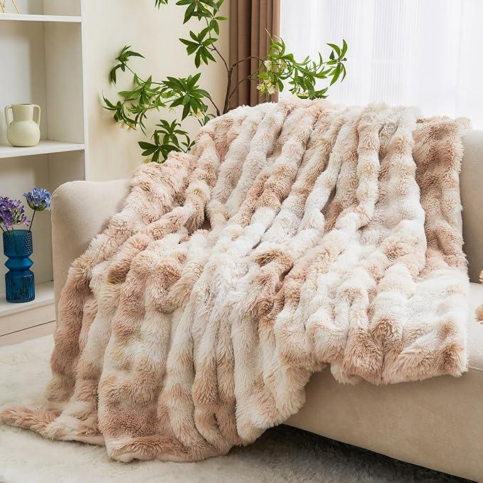 RYNGHIPY Faux Rabbit Fur Bed Throws Fluffy Warm Throw Blanket for Sofa Couch Soft Plush Decorative Blanket Thick and Heavy Cute Bubble Furry Blanket (Light Tan, 51''x63'')