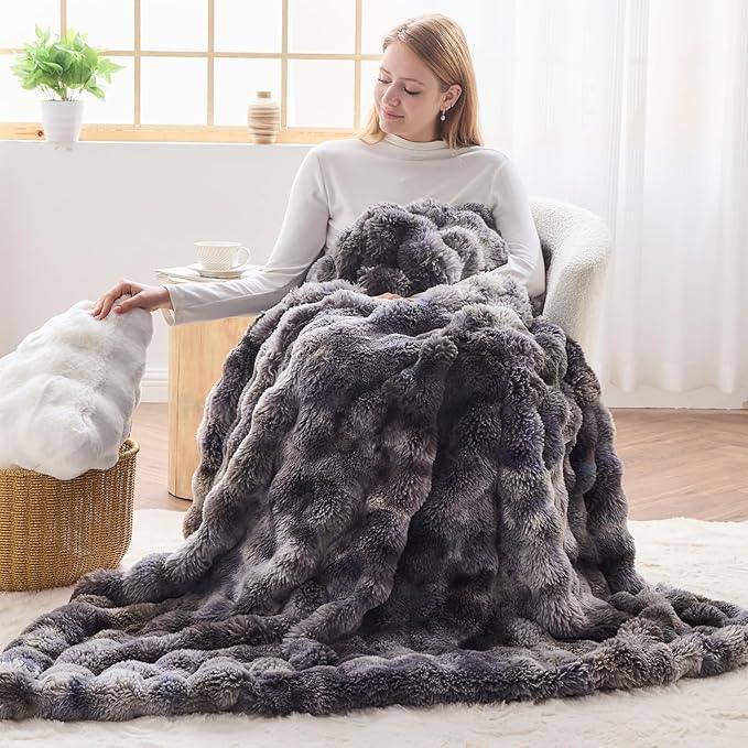 NEWCOSPLAY Faux Fur Throw Blanket Tie-dye Grey Luxury Fluffy Thick Warm Bubble Blanket for Couch Sofa Bed 700GSM (Tie-dye Grey, Throw(50