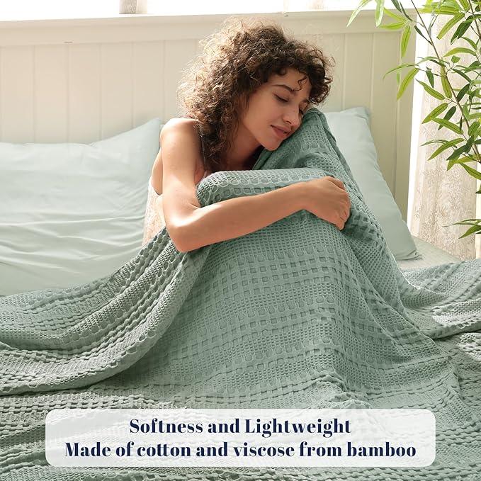 PHF Cooling Waffle Blanket Twin Size, Lightweight 60% Rayon Derived from Bamboo & 40% Cotton Breathable Blanket for Hot Sleepers, Soft and Luxury for Bed Couch and Sofa, 66