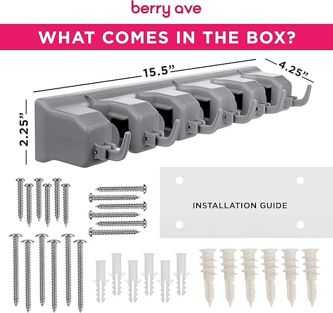 Berry Ave Broom Holder & Wall Mount Garden Tool Organizer- Kitchen, Closet, Garage & Laundry Room Storage With 5 Slots And 6 Hooks- Wall Holder For Broom, Rake & Mop Handles Up To 1.25” [Gray, 2 Pack]