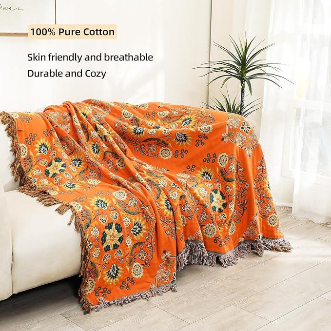 Boho Large Throw Blanket, 100% Organic Cotton Breathable Soft Bed Throw - Floral Farmhouse Decor Blanket for Sofa Couch Chair and Gift. 91