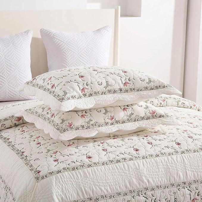 MarCielo 3-Piece 100% Cotton Oversized Bedspread Lightweight Quilt Coverlet Embroidery Farmhouse Bedding Set (TC Soft White,Oversized Queen (100