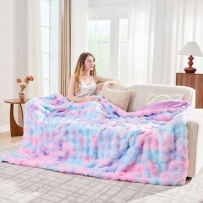 Lotus Karen Faux Fur Throw Blanket Tie-Dye Purple Rainbow - Big Bubble Rabbit Fluff Blanket for Couch, Large Fluffy Fuzzy Cozy Blanket,Thick Furry Plush Shaggy Blankets,108x90 Inches