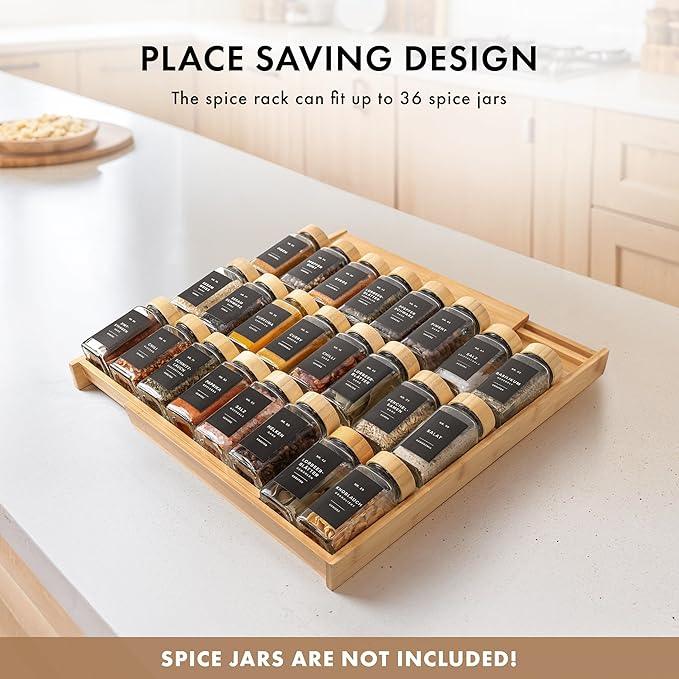 Bamboo Spice Drawer Organizer - Expandable 4 Tier Spice Rack (Need 3