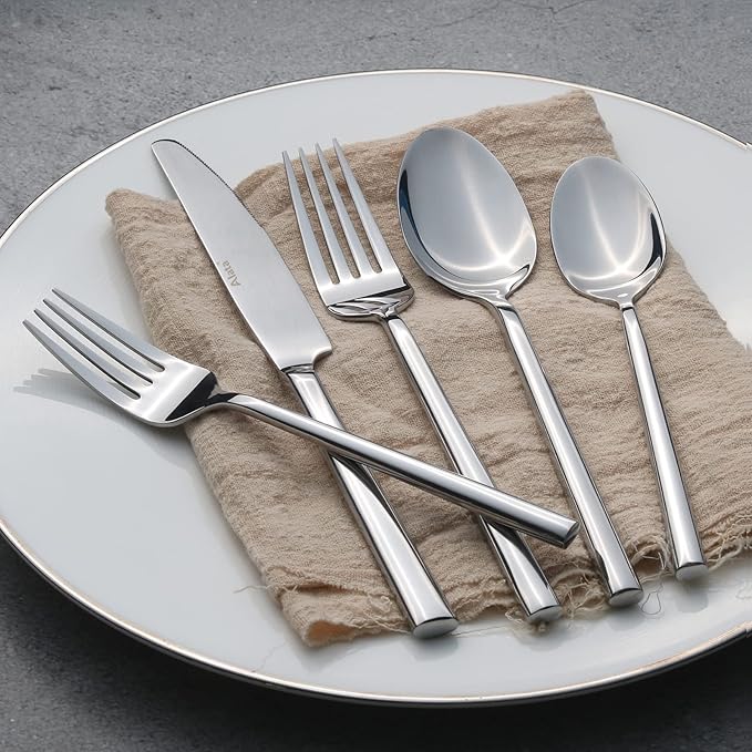 Alata Potter 40-Piece Forged Silverware Set Stainless Steel Flatware Set Cutlery Set, Service for 8, Mirror Finish, Dishwasher Safe