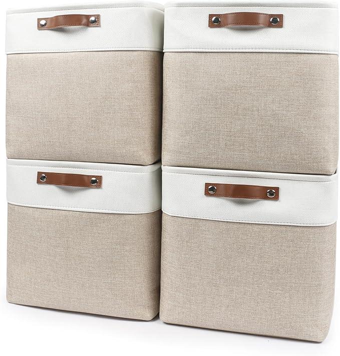 13x13 Cube Storage Bins, Collapsible Fabric Storage Box, 4 Pack Closet Baskets with Handles for Organizing, Shelf, Toys, Clothes, Home, Office, Nursery (Beige&White)