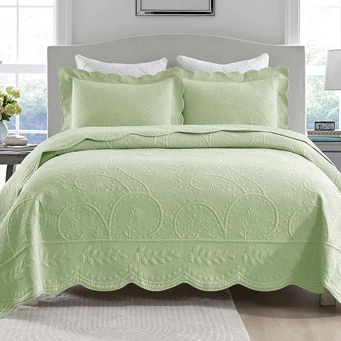 MarCielo 3-Piece 100% Cotton Oversized Bedspread Lightweight Quilt Coverlet Embroidery Farmhouse Bedding Set (TX Pale Green, Oversized King (118
