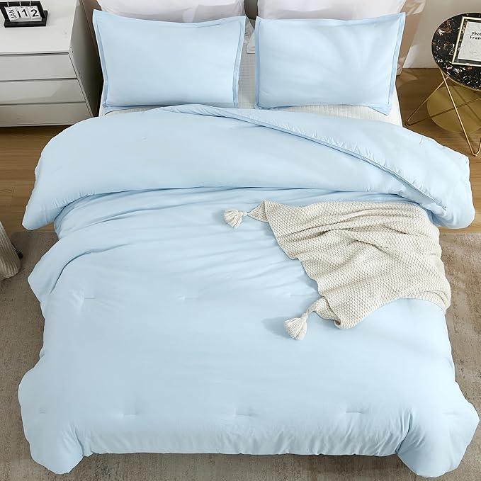 Litanika Comforters Light Blue Queen Size, 3 Pieces Lightweight Solid Bedding Comforter Set, All Season Fluffy Bed Set (90x90In Comforter & 2 Pillowcases)