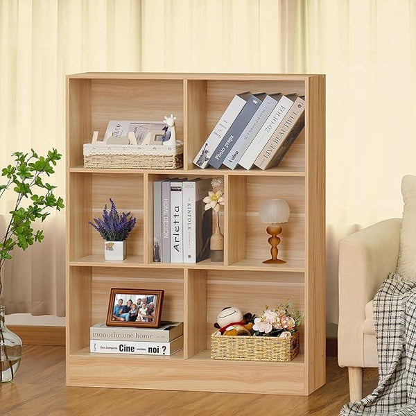 LEYAOYAO 7 Cube Bookshelf with Base,3 Tier Mid-Century Modern Natural Bookcase,Standing Wide Bookshelves Storage Organizer Shelf,Rustic Wood Display Cabinet Book Shelves for Bedroom,Living Room,Office