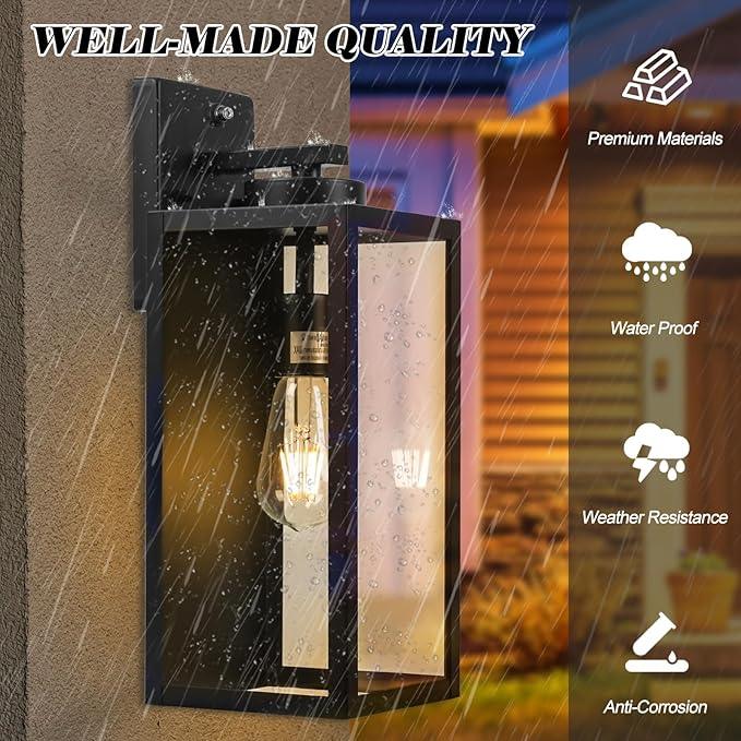 16-inch Dusk to Dawn Outdoor Wall Light Fixture, Large Black Exterior Wall Lantern Waterproof, Farmhouse Porch Sconce Lighting, Modern Wall-Mounted Outside Lights for House Garage, Patio Lamp, 2 Packs