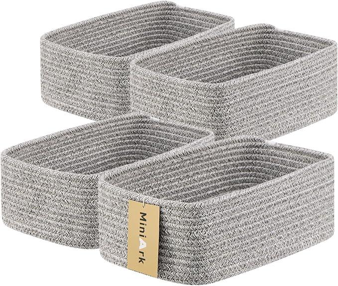 Small Storage Baskets for Organizing | Closet Organizer Bins | Shelf Toy Basket | Woven Rope Baskets | Cube Decorative Box | Shallow Basket | 11.5x7.5x4.7” | 4 Packs Mixed Grey