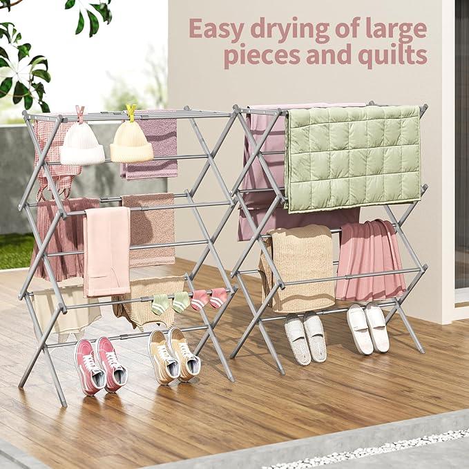 APEXCHASER Clothes Drying Rack, 3-Tier Laundry Drying Rack for Clothes, Expandable Metal Clothing Dryer, Collapsible Towel Rack, Air Drying Rack, Grey