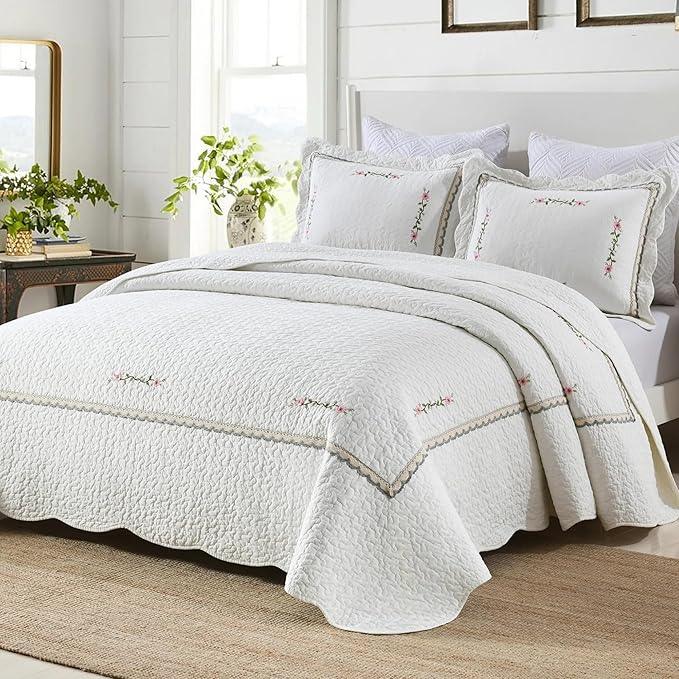 MarCielo 3-Piece 100% Cotton Oversized Bedspread Lightweight Quilt Coverlet Embroidery Farmhouse Bedding Set (Sakura White, Oversized Queen (100
