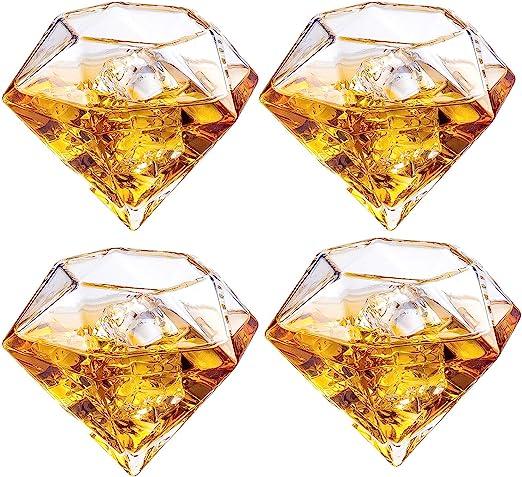 Set of 4 Diamond Whiskey & Wine Glasses 10oz - Wine, Whiskey, Water, Diamond Shaped, Diamonds Collection Sparkle Patented Wine Savant - Stands Alone, Or on Stand