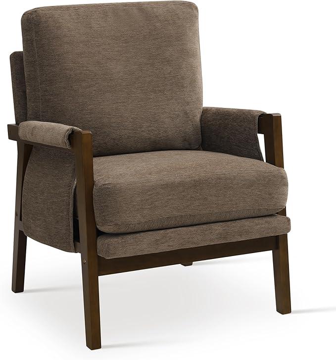 Modern Accent Chair for Living Room Mid Century Arm Chair Upholstered Bedroom Chair Comfy Lounge Chair with Solid Wood Frame, Dark Brown