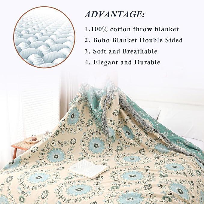 Snycler Boho Throw Blanket for Bed - 100% Cotton Ultra Soft Rustic Quilt - Blue Boho Floral Printed Farmhouse Decor Bed Blankets, 80