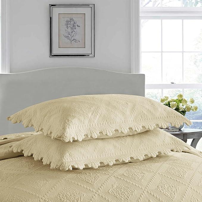 MarCielo 3-Piece 100% Cotton Oversized Bedspread Lightweight Quilt Coverlet Embroidery Farmhouse Bedding Set (Tk Beige Khaki, Oversized Queen (100
