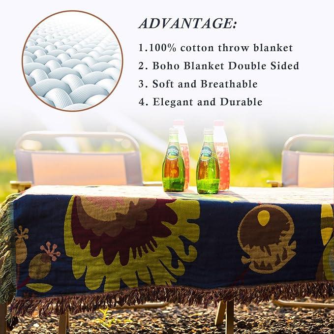 Snycler Boho Throw Blanket for Bed, 100% Organic Cotton Muslin Soft Throw-Blue Boho Floral Farmhouse Rustic Spring Summer Fall Decor Blanket for Couch Sofa Quilt and Gift, 60