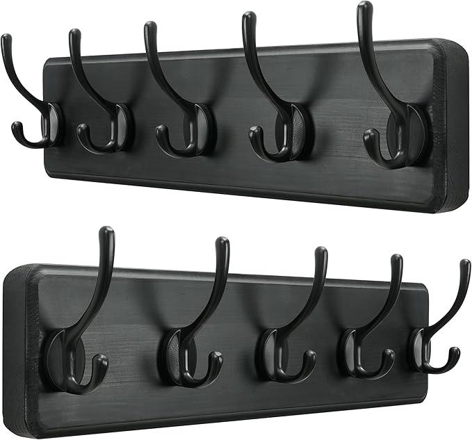 SKOLOO Rustic Wall Mounted Coat Rack, Case of 2, Pine Solid Wood Coat Hook Hanger - 5 Hooks for Hanging Clothes Robes Towels Coats