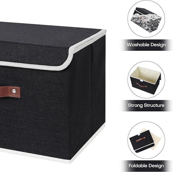 ANMINY 4PCS Storage Bins with Lid PU Leather Handles Storage Boxes PP Plastic Board Decorative Foldable Lidded Cotton Linen Fabric Home Cubes Baskets Closet Organizer Containers - Black, Large Size