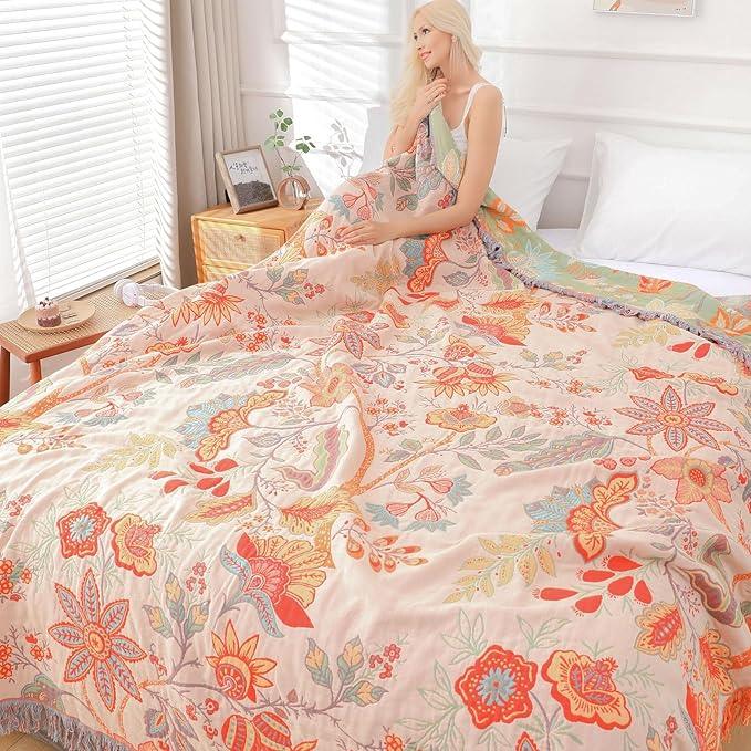Boho Throw Blanket for Bed - 100% Pure Cotton Ultra Soft Rustic Quilt - Farmhouse Decor Bed Blankets, All Season Rustic Throw for Sofa Couch Chair(91''x 98'', Floral)