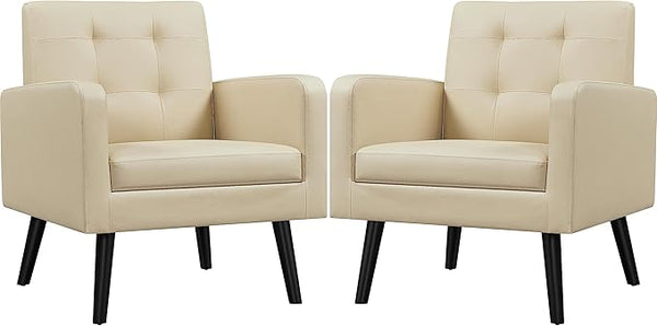 Yaheetech Mid-Century Accent Chairs, PU Leather Modern Upholstered Living Room Chair, Cozy Armchair Button Tufted Back and Wood Legs for Bedroom/Office/Cafe Beige 2PCS