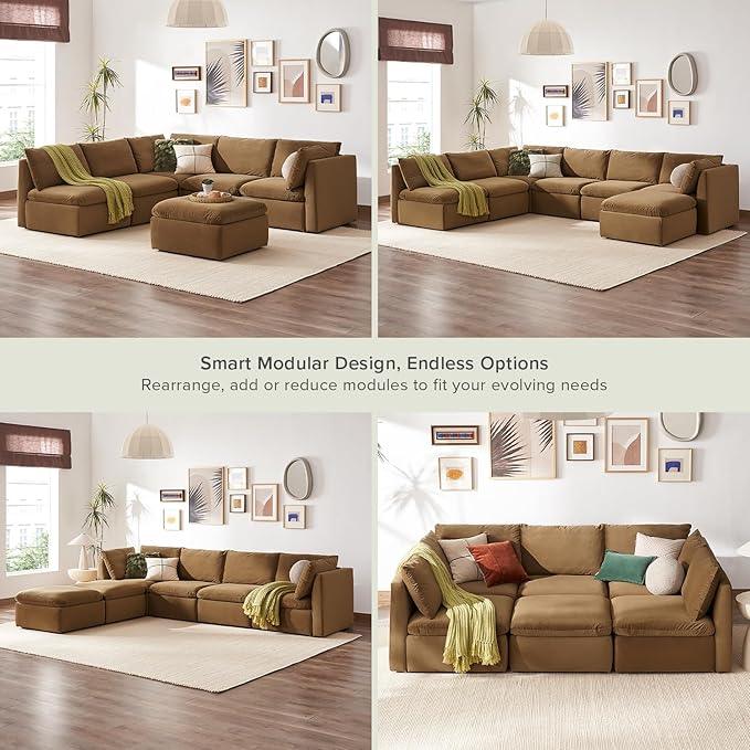 mopio Oversized Modular Sectional Sofa with Fully Removable Covers and Storage, Convertible U & L Shaped Sectionals, Modern Cloud Couch with Ottoman Chaise (Hazelnut Velvet, 6 Seats, L)