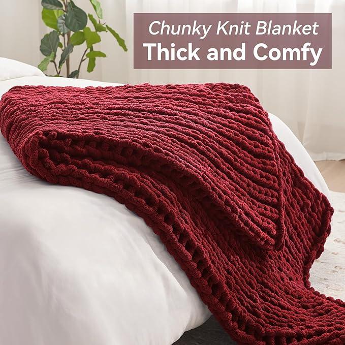 Chunky Knit Throw Blanket, 30''*40'' Knitted Throw Chenille Yarn for Bed Couch, Handmade Red Crochet Big Thick Blanket, Machine Washable Cute Comfy Blanket for Home Decor