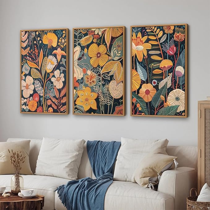 SIGNINART Boho Botanical Framed Canvas Wall Art Set of 3, Mid Century Modern Wall Decor, Burnt Orange Floral Artwork, Neutral Flower Plant Art Prints for Bedroom Living Room Office 24