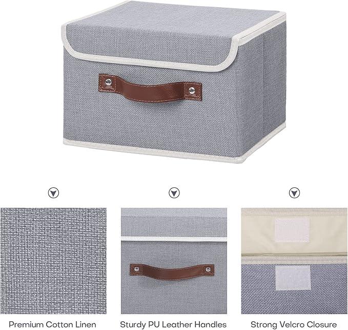 ANMINY 2PCS Storage Bins with Lid PU Leather Handles Storage Boxes PP Plastic Board Decorative Foldable Lidded Cotton Linen Fabric Home Cubes Baskets Closet Organizer Containers - Gray, Small Size