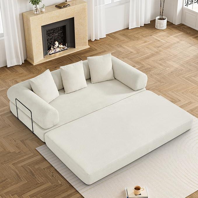 Convertible Sleeper Sofa Bed with Pillow, 4-in-1 Corduroy Folding Mattress Couch with Fixed-Shape Frame, Fold Out Floor Sofa Cama Lounge Couch for Living Room Bedroom Studio, Beige White
