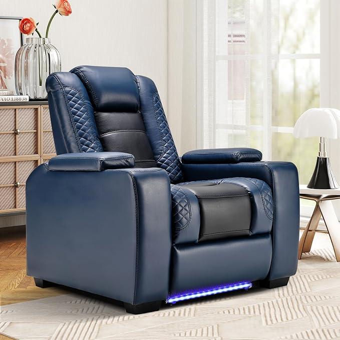 ANJ Power Home Theater Seating, PU Leather Electric Recliner Chair with Powered Headrest, Dual Motors Movie Reclining Chairs with LED Lights,USB Port, Cup Holders, Hidden Arm Storage (Blue & Black)