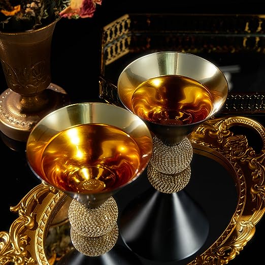 The Wine Savant Diamond Studded Martini Glasses Set of 2 Black & Gold Rimmed Modern Cocktail Glass, Rhinestone With Stemless Crystal Ball Base, Bar or Party 10.5oz, Swarovski Style Crystals